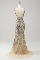 Mermaid Deep V Neck Golden Long Corset Prom Dress with Silt Gowns, Grad Dress