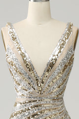 Mermaid Deep V Neck Golden Long Corset Prom Dress with Silt Gowns, Beach Dress