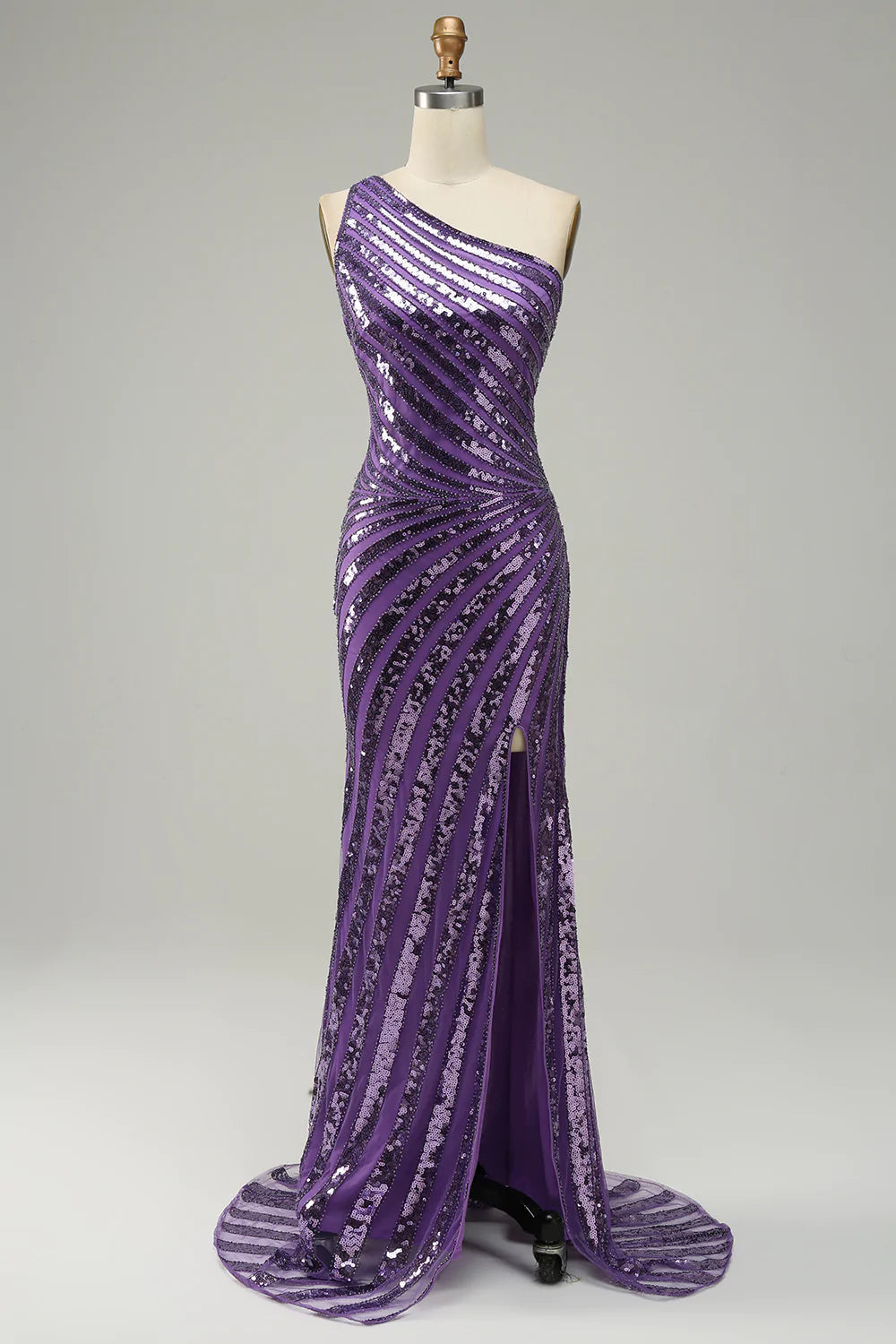 Purple Sequin One Shoulder Corset Prom Dress with Slit Gowns, Bridesmaid Dresses Neutral