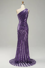 Purple Sequin One Shoulder Corset Prom Dress with Slit Gowns, Bridesmaid Dress Mismatched