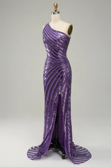 Purple Sequin One Shoulder Corset Prom Dress with Slit Gowns, Bridesmaids Dress Mismatched