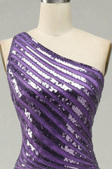 Purple Sequin One Shoulder Corset Prom Dress with Slit Gowns, Bridesmaid Dresses Mismatching