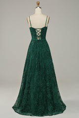 Dark Green Lace Spaghetti Straps Corset Corset Prom Dress outfits, Bridesmaid Dress Long
