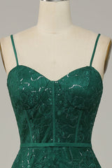 Dark Green Lace Spaghetti Straps Corset Corset Prom Dress outfits, Bridesmaid Dress Trends