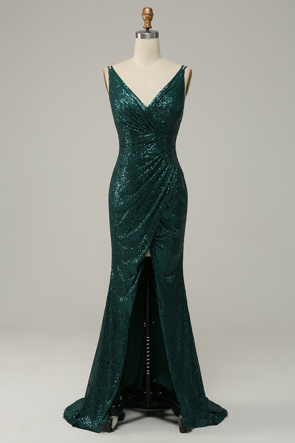Dark Green Sequined Spaghetti Straps Corset Prom Dress With Slit Gowns, Bridesmaid Dress Wedding