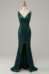 Dark Green Sequined Spaghetti Straps Corset Prom Dress With Slit Gowns, Bridesmaid Dress Wedding