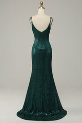 Dark Green Sequined Spaghetti Straps Corset Prom Dress With Slit Gowns, Bridesmaid Dresses Weddings