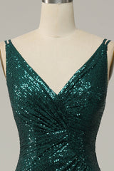 Dark Green Sequined Spaghetti Straps Corset Prom Dress With Slit Gowns, Bridesmaids Dress Inspiration