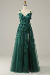 Dark Green A Line Tulle Corset Prom Dress with Slit Gowns, Bridesmaids Dresses Ideas
