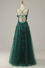 Dark Green A Line Tulle Corset Prom Dress with Slit Gowns, Bridesmaids Dresses Idea