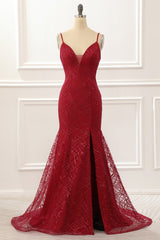 Dark Red Saprkly Mermaid Corset Prom Dress With Slit Gowns, Bridesmaid Dresses Mismatched Spring Wedding Colors