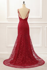 Dark Red Saprkly Mermaid Corset Prom Dress With Slit Gowns, Bridesmaid Dress Long Sleeves