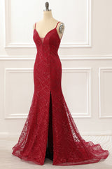 Dark Red Saprkly Mermaid Corset Prom Dress With Slit Gowns, Bridesmaid Dresses Mismatched Spring Colors