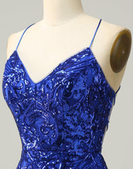 Royal Blue V-Neck Corset Back Corset Homecoming Dress With Sequin Gowns, Prom Dresses For Sale
