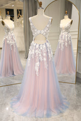 Romantic A-Line V-Neck Keyhole Back Long Tulle Corset Prom Dress with Appliques Gowns, Prom Dress Ideas Unique