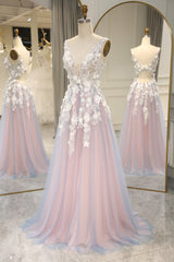 Romantic A-Line V-Neck Keyhole Back Long Tulle Corset Prom Dress with Appliques Gowns, Prom Dresses Princess
