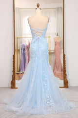 Blue Mermaid Spaghetti Straps Lace Up Long Corset Prom Dress With Sequin Gowns, Formal Dresses Nearby