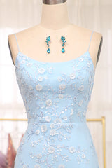 Blue Mermaid Spaghetti Straps Lace Up Long Corset Prom Dress With Sequin Gowns, Formal Dresses Long Elegant