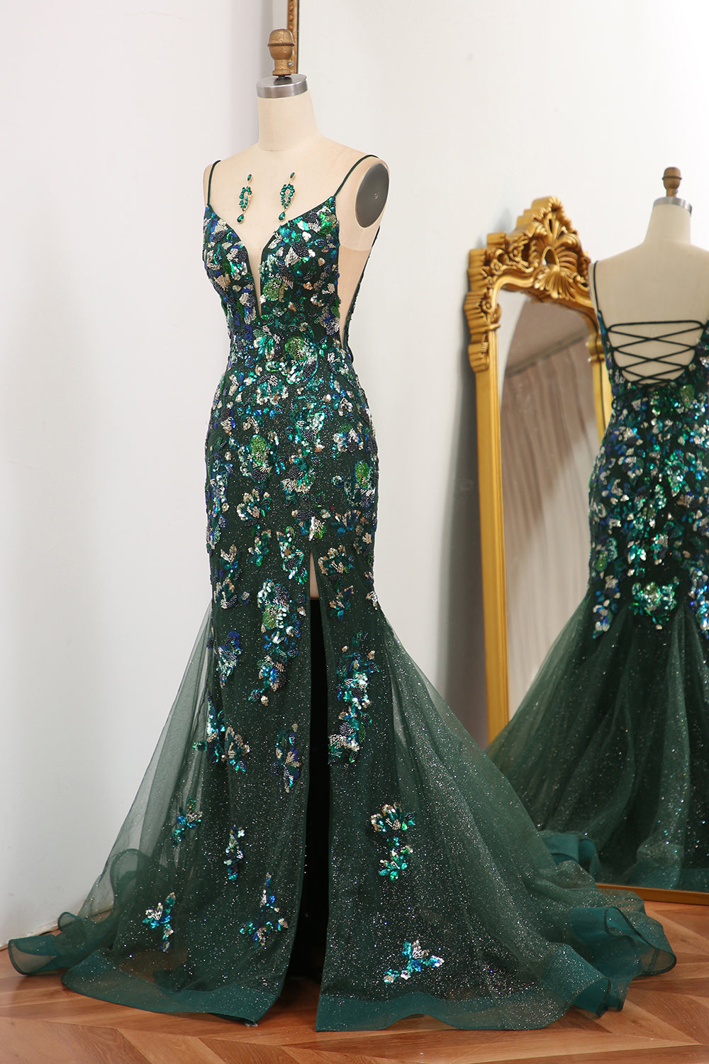 Sparkly Dark Green Mermaid Spaghetti Straps Lace Up Corset Prom Dress With Split outfit, Prom Dress Pieces