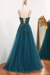 Glitter Dark Green A-Line Tulle Long Appliqued Corset Prom Dress With Slit Gowns, Red Formal Dress