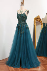 Glitter Dark Green A-Line Tulle Long Appliqued Corset Prom Dress With Slit Gowns, Vacation Dress