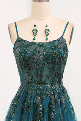 Glitter Dark Green A-Line Tulle Long Appliqued Corset Prom Dress With Slit Gowns, Dress To Impression