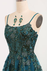 Glitter Dark Green A-Line Tulle Long Appliqued Corset Prom Dress With Slit Gowns, Wedding Dress Guest