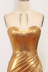 Sparkly Golden Mermaid Sweetheart Zipper Back Long Corset Prom Dress With Slit Gowns, Prom Dress Long Beautiful