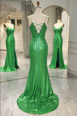Sparkly Green Spaghetti Straps Lace Up Long Corset Prom Dress with Split outfit, Prom Dresses 2042 Cheap