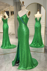 Sparkly Green Spaghetti Straps Lace Up Long Corset Prom Dress with Split outfit, Prom Dress Size 36