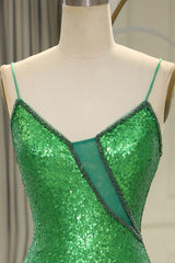 Sparkly Green Spaghetti Straps Lace Up Long Corset Prom Dress with Split outfit, Prom Dresses Princess Style
