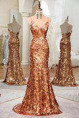 Sparkly Rose Golden Mermaid Spaghetti Straps Long Sequin Corset Prom Dress With Split outfit, Prom Dresses 3 26 Sleeves