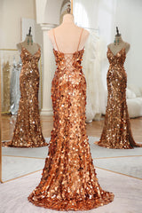 Luxurious Sparkly Rose Golden Mermaid Long Sequin Corset Prom Dress With Split outfit, Homecoming Dress Classy Elegant