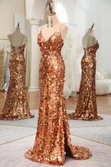 Luxurious Sparkly Rose Golden Mermaid Long Sequin Corset Prom Dress With Split outfit, Homecoming Dresses Aesthetic