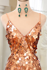 Sparkly Rose Golden Mermaid Spaghetti Straps Long Sequin Corset Prom Dress With Split outfit, Prom Dresses For Blondes