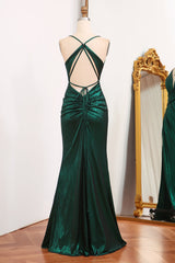 Dark Green Mermaid Spaghetti Straps Keyhole Long Corset Prom Dress With Slit Gowns, Formal Dresses Long Sleeves