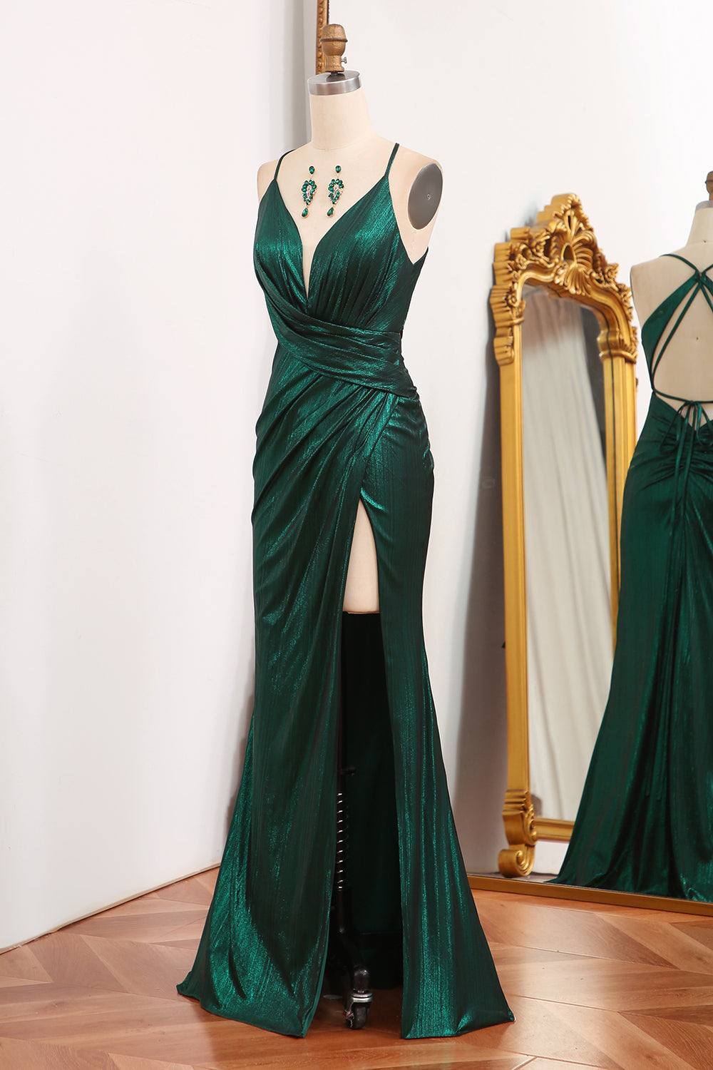 Dark Green Mermaid Spaghetti Straps Keyhole Long Corset Prom Dress With Slit Gowns, Formal Dresses Long Sleeved