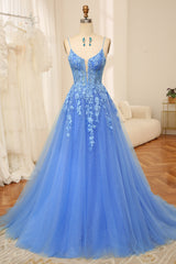 Blue A-Line Spaghetti Straps Tulle Long Corset Prom Dress With Appliques Gowns, Formal Dress Long Gown