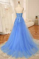 Blue A-Line Spaghetti Straps Tulle Long Corset Prom Dress With Appliques Gowns, Formal Dress Long Gowns