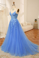 Blue A-Line Spaghetti Straps Tulle Long Corset Prom Dress With Appliques Gowns, Formal Dresses Long Gowns