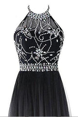 Classy Black And White Halter Lace Up Long Beaded Corset Prom Dress outfits, Prom Dress Off Shoulder
