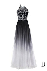 Classy Black And White Halter Lace Up Long Beaded Corset Prom Dress outfits, Prom Dress Floral