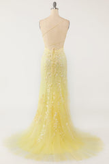 Yellow Mermaid Long Corset Prom Dress with Appliques Gowns, Prom Dresses 2023