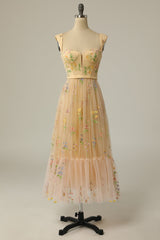 A Line Sweetheart Champagne Long Corset Prom Dress with Embroidery Gowns, Flower Dress