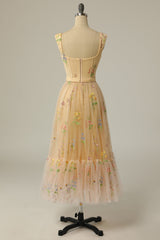 A Line Sweetheart Champagne Long Corset Prom Dress with Embroidery Gowns, Nice Dress