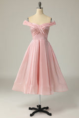 Pink Off the Shoulder Corset Prom Dress outfits, Evening Dress Sleeves