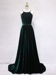 A-Line Backless Green Velvet Long Corset Prom Dresses, Green Corset Formal Evening Dresses outfit, Prom Dress Shop