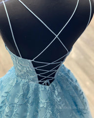 A Line Backless Lace Long Sky Blue Corset Prom Dress, Backless Sky Blue Lace Corset Formal Dress, Sky Blue Evening Dress outfit, Evening Dress 1925