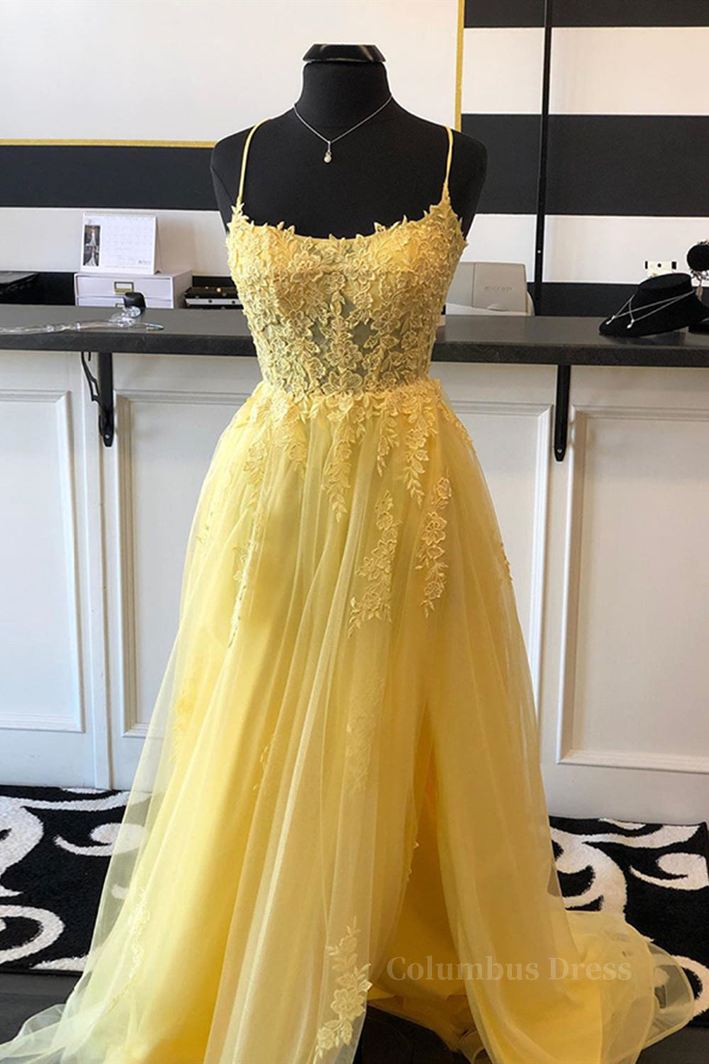 A Line Backless Yellow Lace Floral Long Corset Prom Dress with High Slit, Open Back Yellow Lace Corset Formal Dress, Yellow Lace Evening Dress outfit, Evening Dress Wholesale