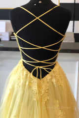 A Line Backless Yellow Lace Floral Long Corset Prom Dress with High Slit, Open Back Yellow Lace Corset Formal Dress, Yellow Lace Evening Dress outfit, Evening Dress Gown